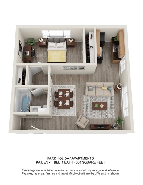 One bedroom one bathroom floor plan with 660 square feet